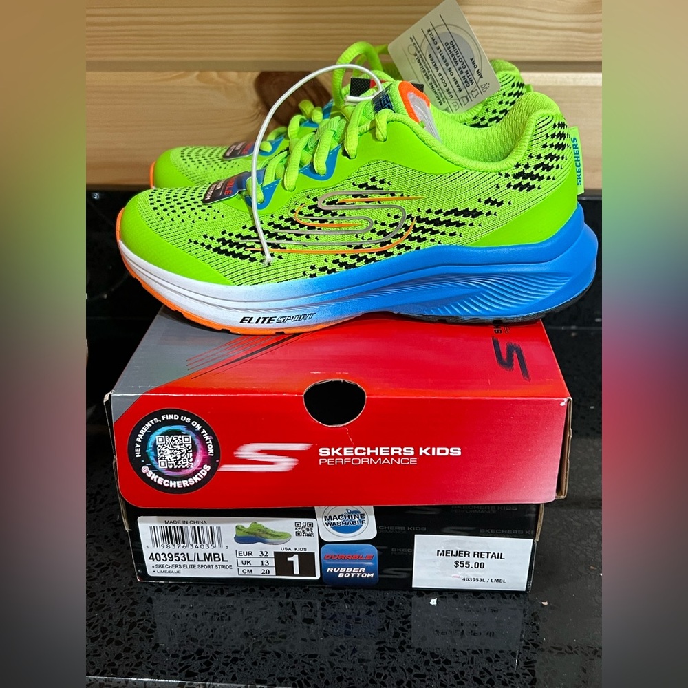 NWB Skechers Elite Sport Stride Lime Green w/ blue, orange, & white Sizes 1 or 2